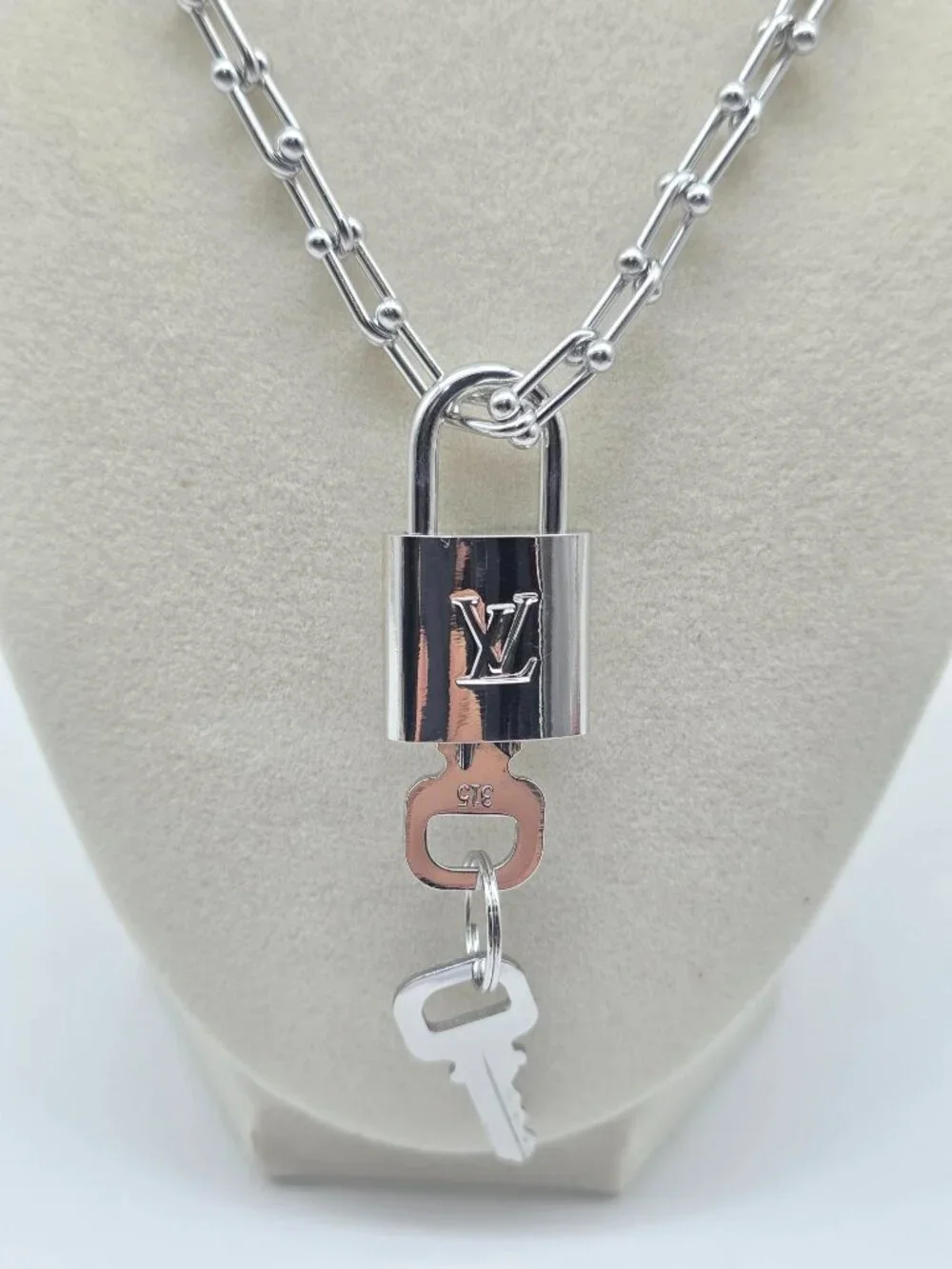 Stainless Steel Horse Shoe Chain with Authentic Louis Vuitton Silver Padlock